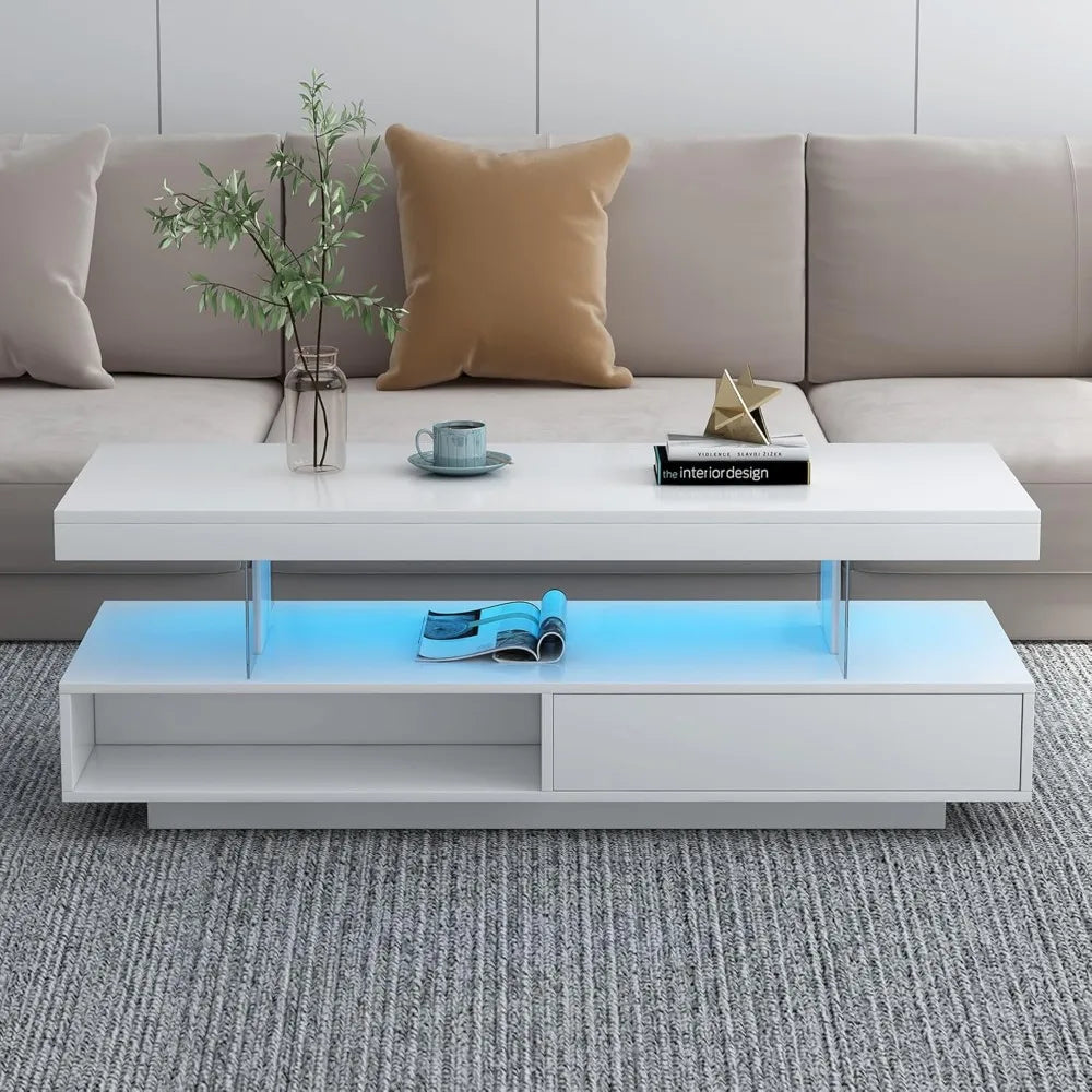 Modern LED Coffee Table with Storage, High Gloss Cocktail Center Table with Drawers