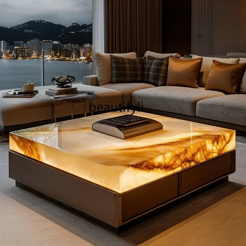 Leather luminous jade coffee table custom marble large flat-floor villa living room luxury stone modern home LHY26