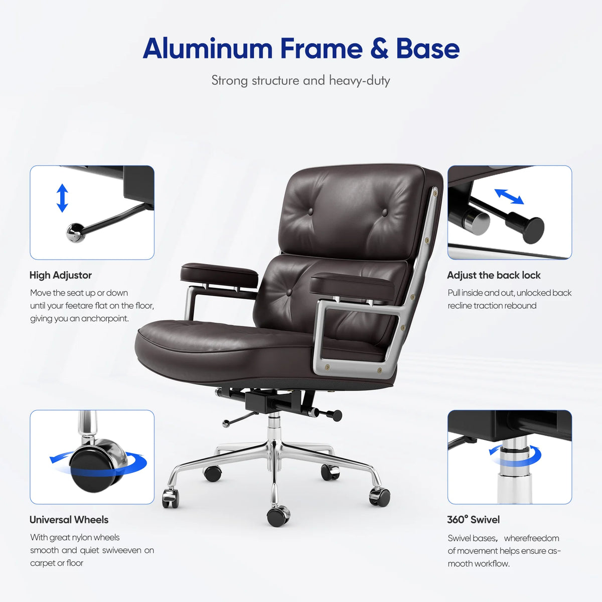 Ergonomic Office Chair Genuine Leather with Aluminum Arms and Wheels for Support Rolling Swivel Business Executive Office Chair