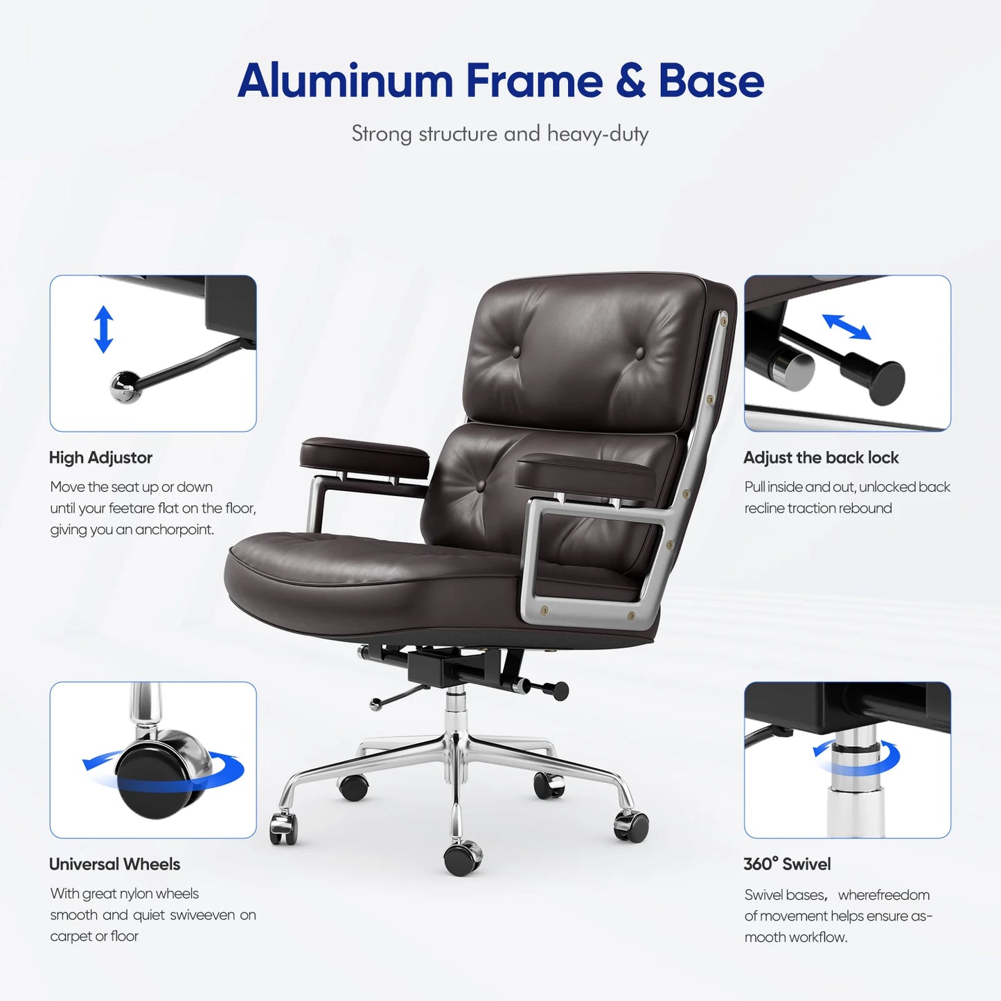 Ergonomic Office Chair Genuine Leather with Aluminum Arms and Wheels for Support Rolling Swivel Business Executive Office Chair