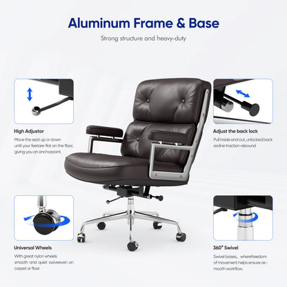 Ergonomic Office Chair Genuine Leather with Aluminum Arms and Wheels for Support Rolling Swivel Business Executive Office Chair
