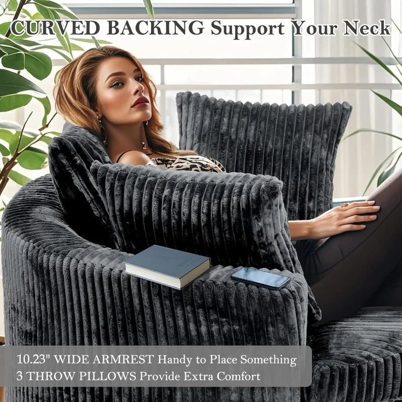 Oversized 59 Inch Indoor Chaise Lounge Chair, Round Corduroy Sofa Bed with Backrest and Throw Pillows