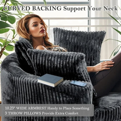 Oversized 59 Inch Indoor Chaise Lounge Chair, Round Corduroy Sofa Bed with Backrest and Throw Pillows