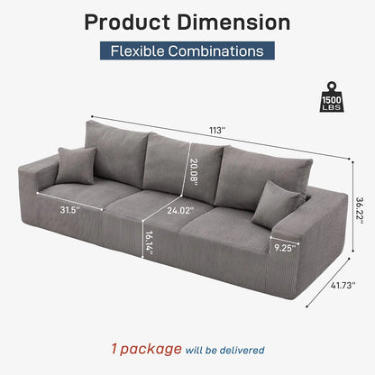 Cloud Boneless Sofa Couches for Living Room-113'' Gray 3 Seater Lounge Modern Sleeper Couch-No Assembly Required