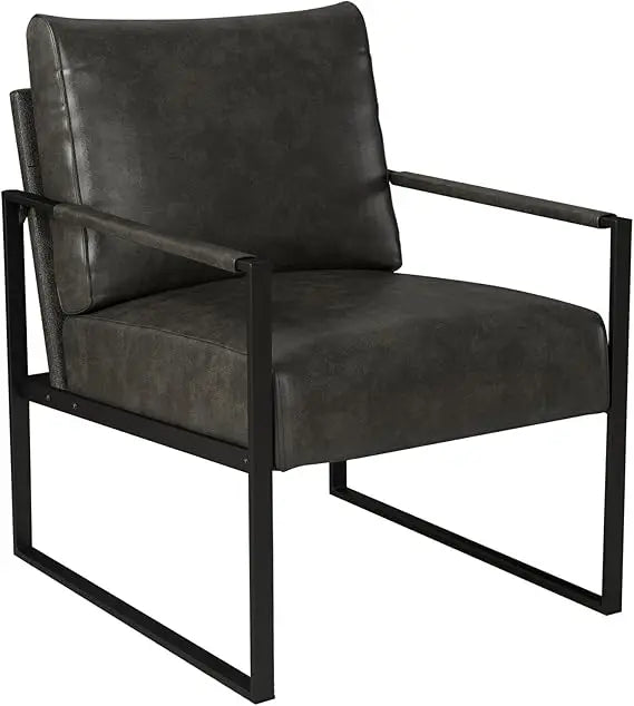 Leather Accent Chair with Metal Frame, Comfy Living Room Chair with Plump Backrest and Cushion, Mid Century Modern Chair w