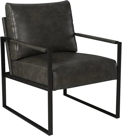 Leather Accent Chair with Metal Frame, Comfy Living Room Chair with Plump Backrest and Cushion, Mid Century Modern Chair w