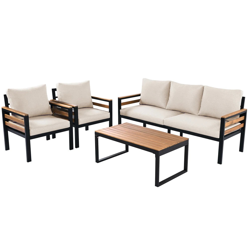 GO 4-Piece Outdoor Furniture Sofa Set for 5 People with Acacia Wood Armrests Patio Conversation Set with Removable Cushion
