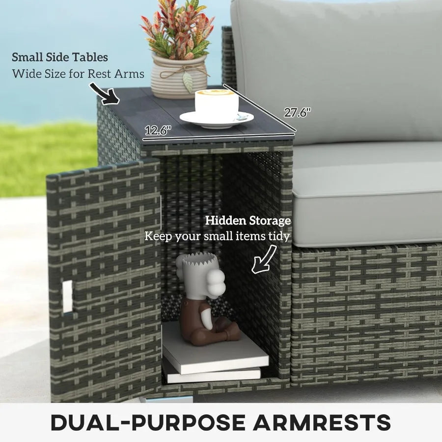 3 Seater Wicker Sofa with 2 Storage Side Tables and Thickened Cushions Rattan Outdoor Patio Sofa with Wide Armrests for Porch G