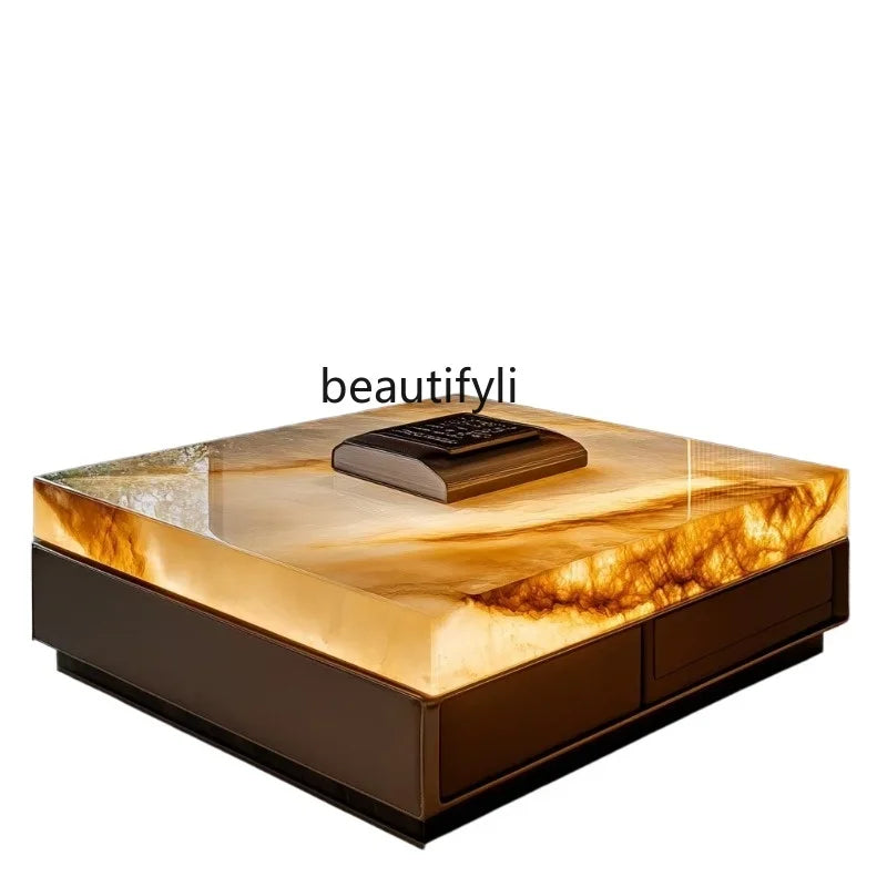 Leather luminous jade coffee table custom marble large flat-floor villa living room luxury stone modern home LHY26