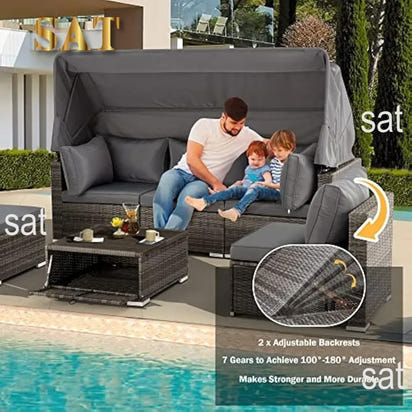 Y 6 Pieces Patio Furniture Sets, Rattan Daybed with Retractable Canopy, Outdoor Sectional Sofa Set with Adjustable Backrest