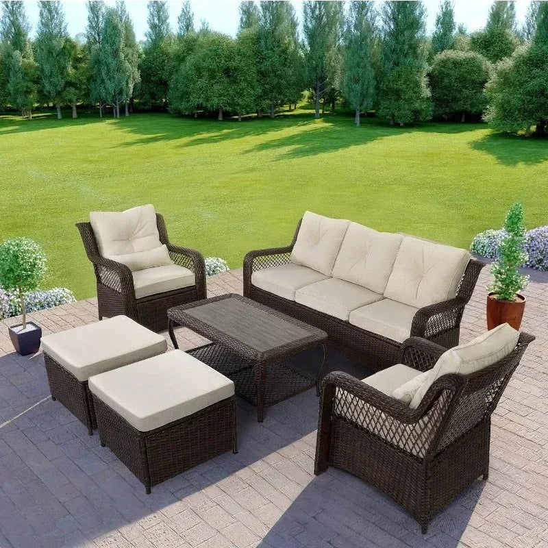 Long - lasting 6 Pieces Patio Furniture Set, Wicker Outdoor Patio Sets, Sectional Rattan Sofa Chairs with Coffee Table