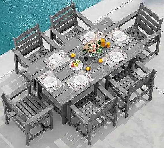 Outdoor Dining Table Set, 7-Piece Outdoor Dining Table Sets with Umbrella Hole Cut-Out Table and 6 Chairs, Gray