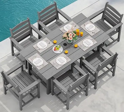 Outdoor Dining Table Set, 7-Piece Outdoor Dining Table Sets with Umbrella Hole Cut-Out Table and 6 Chairs, Gray
