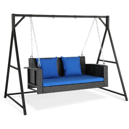 Outdoor Wicker Porch Swing With Stand Heavy Duty 800 LBS Rattan Hanging Set With Cushions 4FT for Yard Garden Lawn Black Durabl