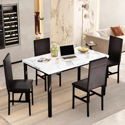 Modern Dining Table Set for 4 with Faux Marble Top and Leather Chairs Small Space Kitchen Apartment White