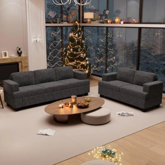 2 Piece Set Comfy Sofa Couch 3 Seater Loveseat with Deep Seats Modern Sleeper Couch for Living Room Dark Grey Chenille