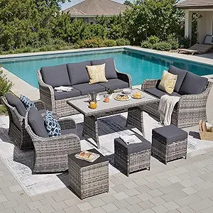 8-Piece Patio Furniture Set: Swivel Rocking Chairs & Dining Table with Waterproof Cushions