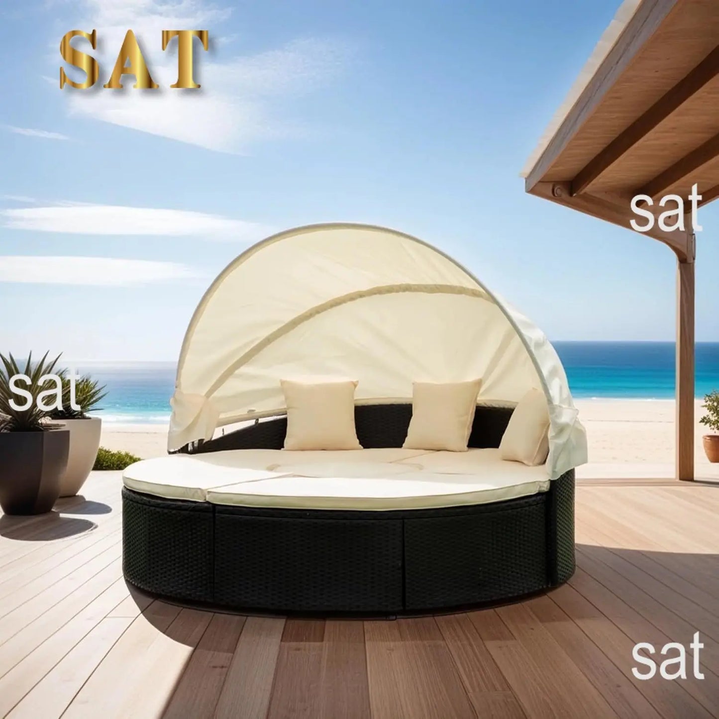 %a Patio Rattan Sunbed with Retractable Canopy, Round Outdoor Sectional Sofa Set with Separate Seating,liftable Table and Remov
