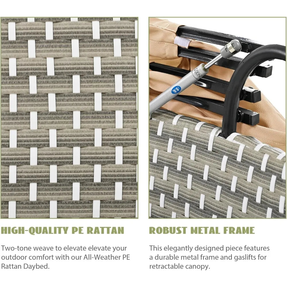 All-Weather Patio Round Outdoor Sectional Sofa Set with Retractable Canopy,Rattan Daybed Two-Tone Weave Sunbed with Separate Se