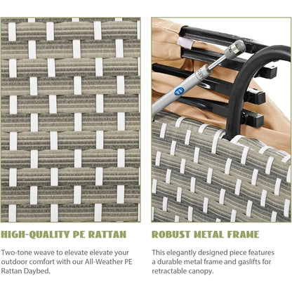 All-Weather Patio Round Outdoor Sectional Sofa Set with Retractable Canopy,Rattan Daybed Two-Tone Weave Sunbed with Separate Se