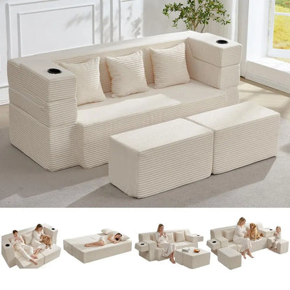 78.7 Sleeper Ottoman Sofa Bed for Small Space, FullLength Folding Memory Foam Couch in a Box with 2 Ottomans amp FlipUp Armrest