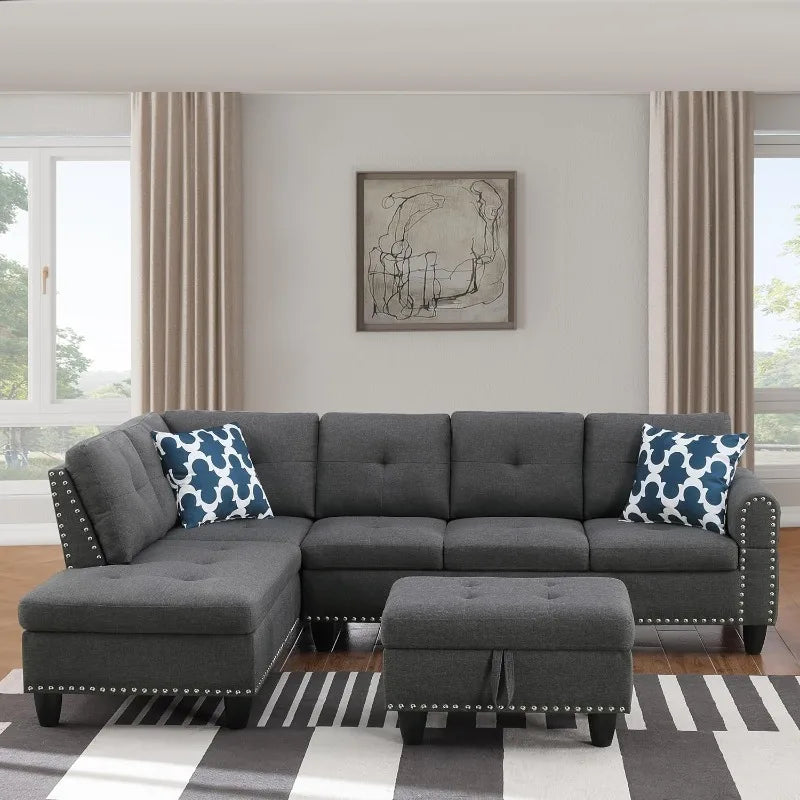 4-Seat Linen Sectional Sofa Set 3 Pieces with Cup Holders and Coffee Table for Home Office Dark Gray