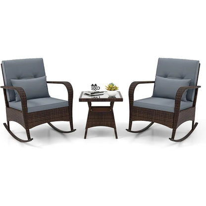 3 Pieces Patio Furniture Set, Outdoor Wicker Rocking Chairs with Cushions, Pillows, Glass Coffee Table, Rattan Bistro Rocker Se