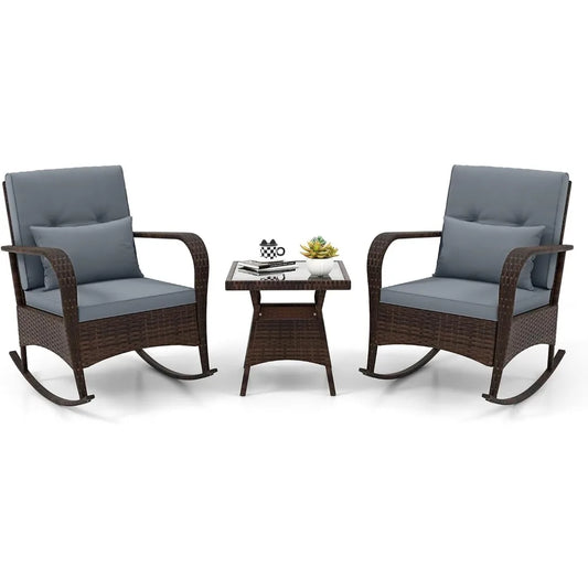 3 Pieces Patio Furniture Set, Outdoor Wicker Rocking Chairs with Cushions, Pillows, Glass Coffee Table, Rattan Bistro Rocker Se