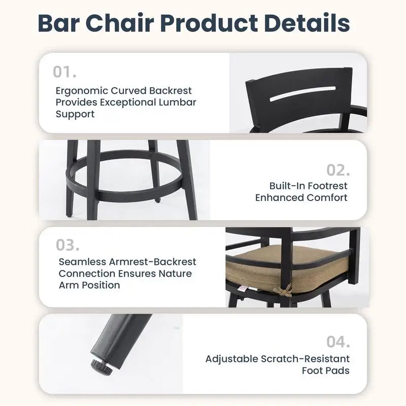 Modern Outdoor 2-Piece Swivel Bar Chairs - Aluminum Frame, 360° Swivel, Ergonomic Backrest, Tapered Legs, Sunbrella Cushion,
