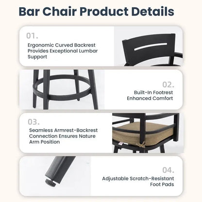 Modern Outdoor 2-Piece Swivel Bar Chairs - Aluminum Frame, 360° Swivel, Ergonomic Backrest, Tapered Legs, Sunbrella Cushion,