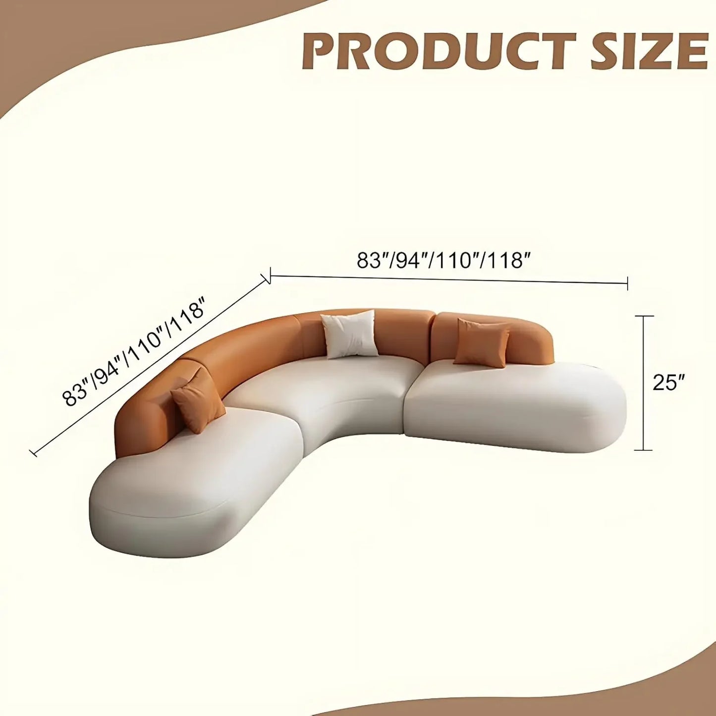 Curved Leather Corner Sofa Set with Solid Wood Frame, Modern Sectional Couches for Living Room, Comfortable Leather Couch Sets