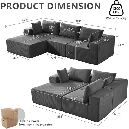109" Cloud Sectional Couch, Boneless Couches for Living Room, Modular Sectional Sofa with Deep Seat, L-Shape Couch with Chaise