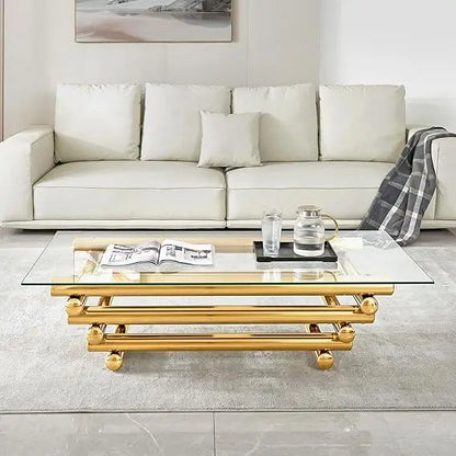 Rectangular Modern Gold Coffee Table with Tempered Glass Top and Stainless Steel Legs for Living Room