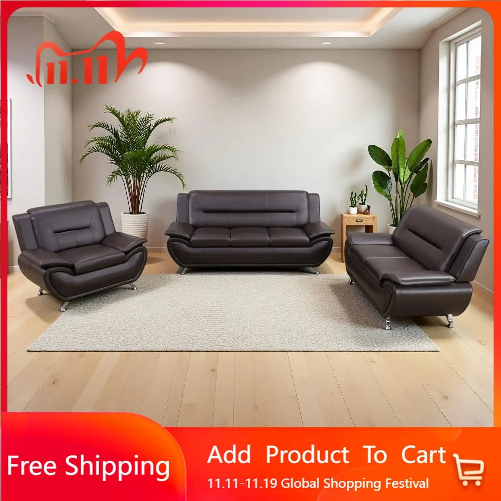 Leather Sectional Sofa Couches, Living Room Furniture Sets, 3 Pieces Modern Couch Set, Faux Leather Sofa Loveseat Chair Set with