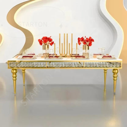 Modern Luxury Rectangle Gold Stainless Steel Banquet Table Crystal Glass Top Wedding Table for Wedding Event