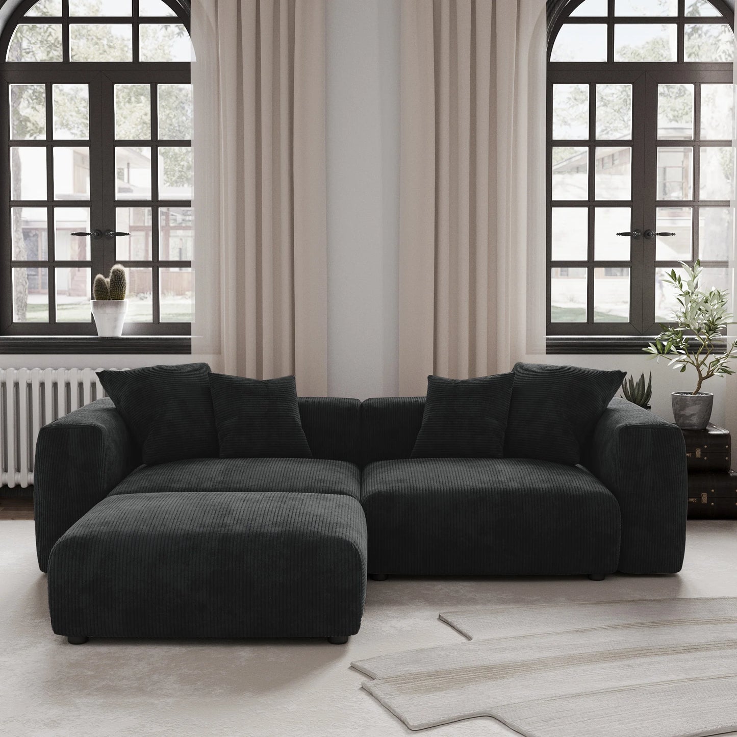 Modern Corduroy Fabric Sectional Couch with 4 Pillows 102" L-Shaped Sofa with Chaise Ottoman Hardwood Frame Sofa for Living Room