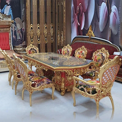 French Royal Baroque Dining Set — Hand-Carved Solid Wood Table with Upholstered Chairs, Luxury Gold for Villa/Hotel