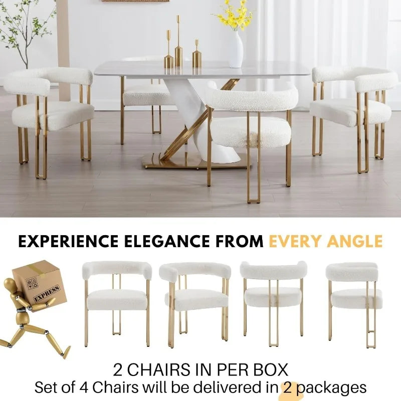Set of 4 Barrel Dining Chairs, White Boucle Dining Room Chairs, Glam Side Chairs with Arms and Gold Chrome Legs, Sherpa Modern K