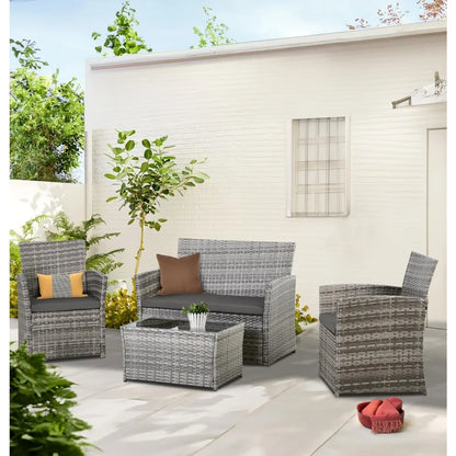 Patio Outdoor Furniture 4 Pieces Sectional Sofa Set Balcony Furniture Wicker Rattan Chairs with Table and Loveseat for Garden