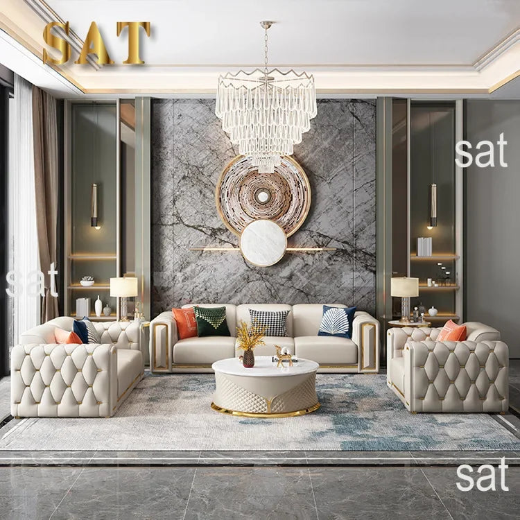 -Modern Luxury High-end Living Room Sofa Set Furniture Upholstered Full Leather Button Tufted Sofa Home