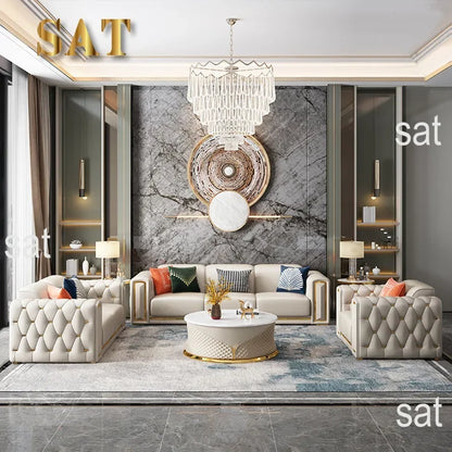 -Modern Luxury High-end Living Room Sofa Set Furniture Upholstered Full Leather Button Tufted Sofa Home