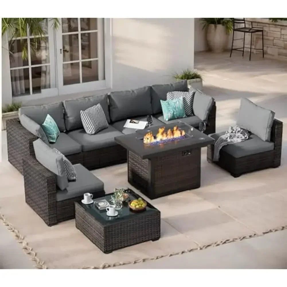 /Outdoor Furniture 7 Piece Sets with Fire Pit Table, Patio Couch Sectional with NoSlip Cushions and Cover, Outdoor Furniture S