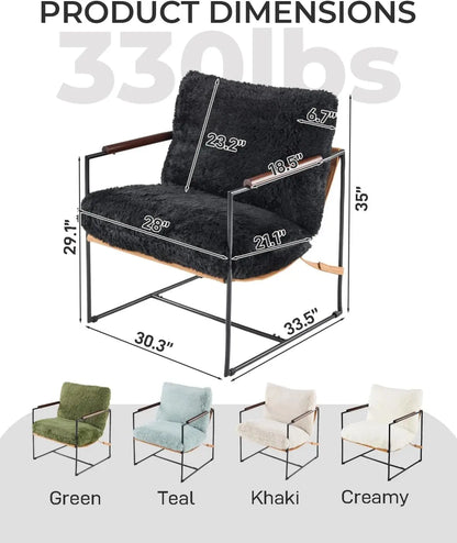 Modern Plush Fleece Accent Chair with Metal Frame & Wooden Armrests for Living Room, Bedroom, Balcony