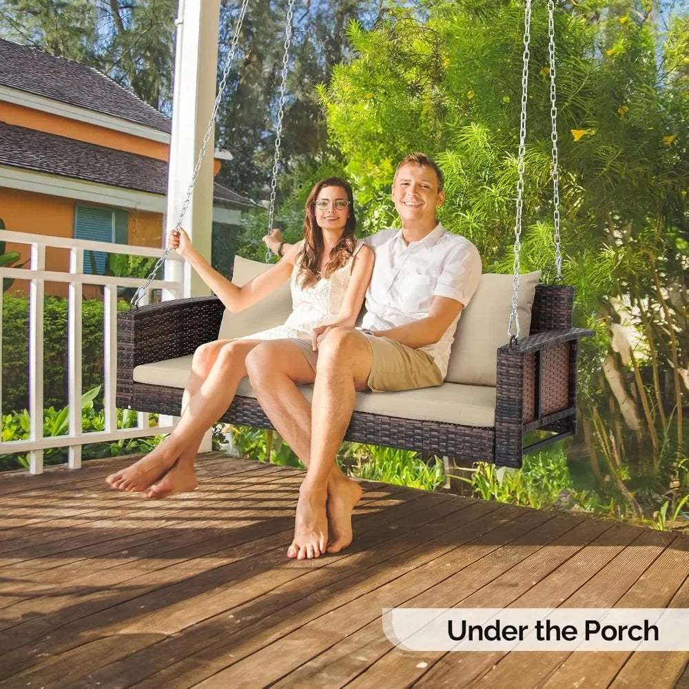 #For Heavy Duty 800 LBS Wicker Hanging Porch Swing with Cushions & Chains,  Outdoor Rattan Swing Bench for Garden, Yard&