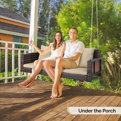 #For Heavy Duty 800 LBS Wicker Hanging Porch Swing with Cushions & Chains,  Outdoor Rattan Swing Bench for Garden, Yard&