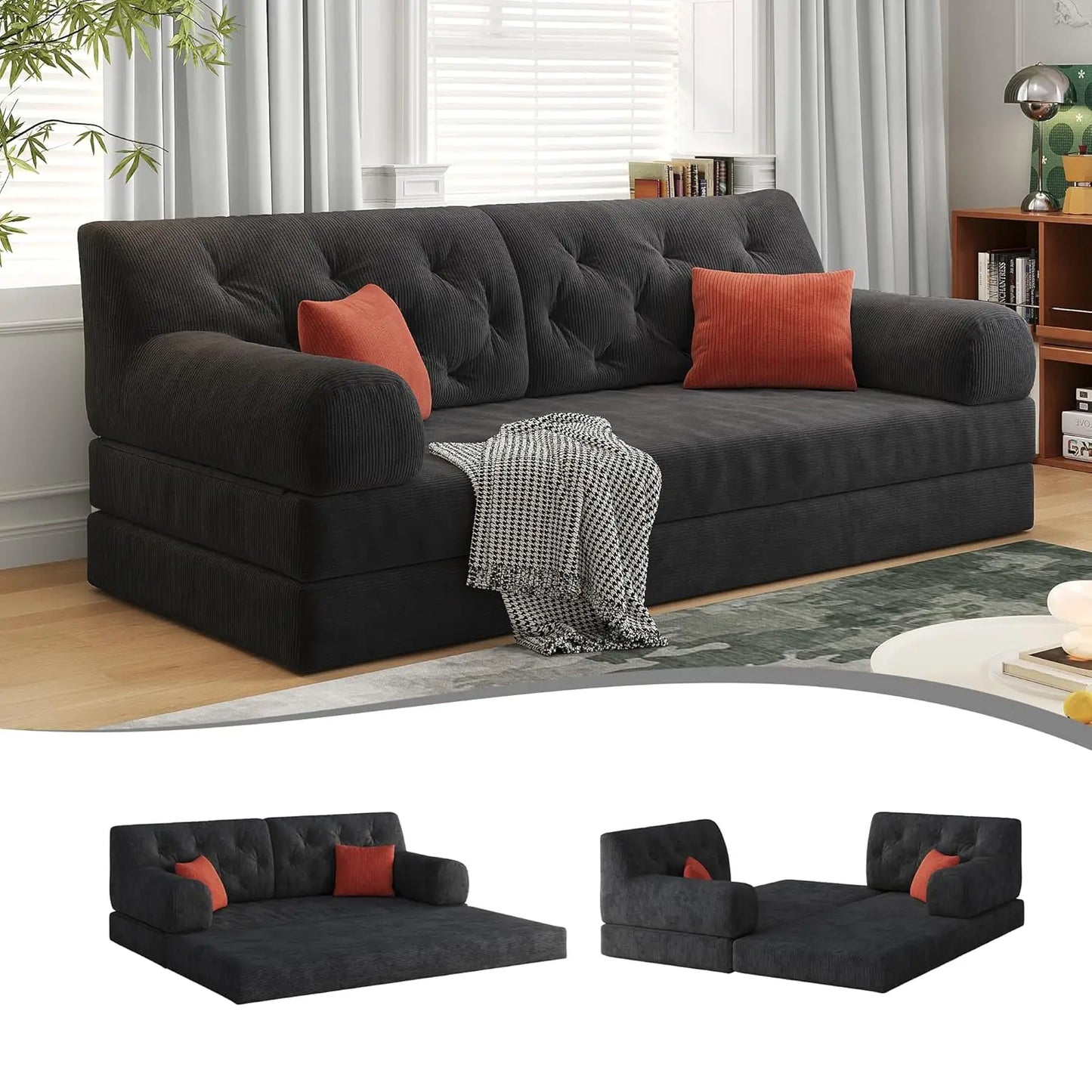 79" Convertible Sofa Bed with Pillows, Corduroy Folding Sleeper Sofa with Fixed-Shape Frame, Boneless Couch for, Customized
