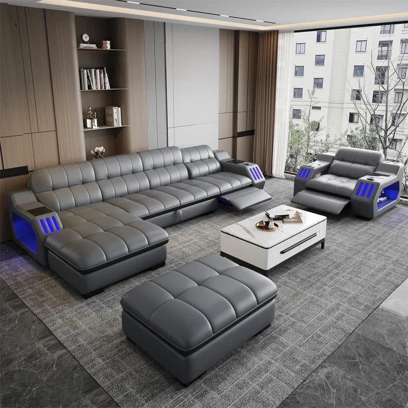 -Popular New Products Massage Function Furniture Living Room Sofa 3 Set Leather Sectional L-shaped Princess Side Table Bluetooth