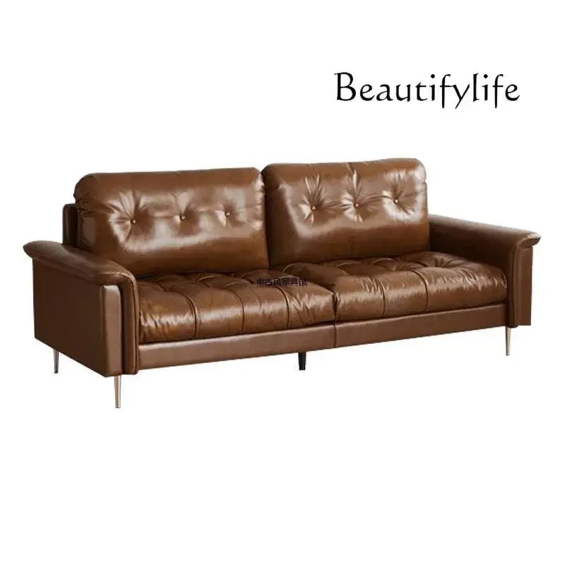 Medieval oil wax leather creative sofa living room retro old caramel color large straight row sofa
