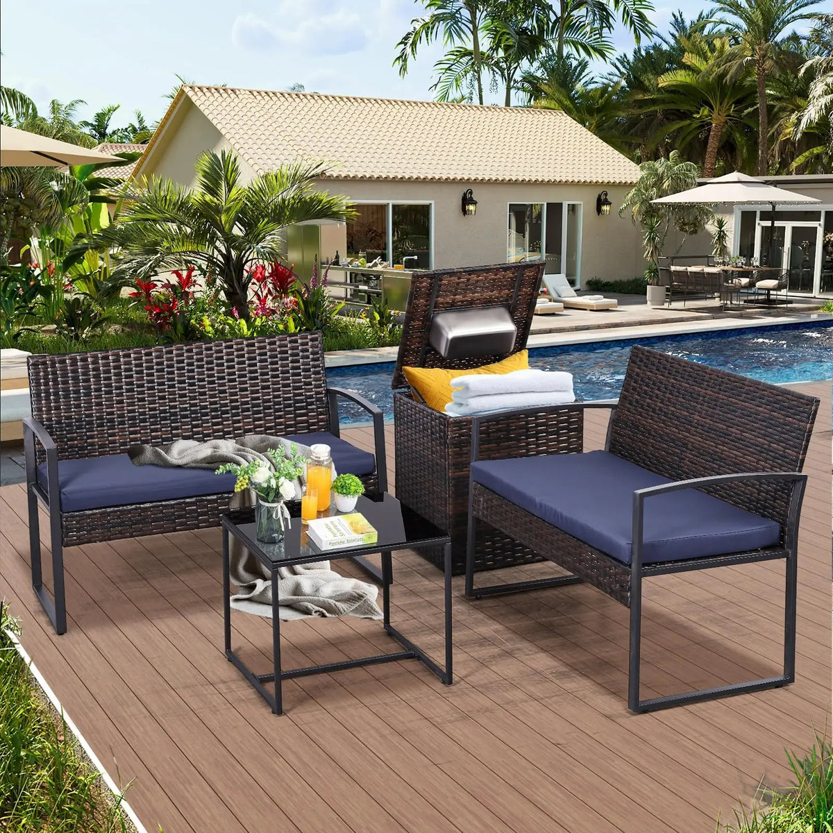 Outdoor Patio Furniture Set w/Built-in Beverage Cooler Storage Box & Coffee Table for Outside for Balcony