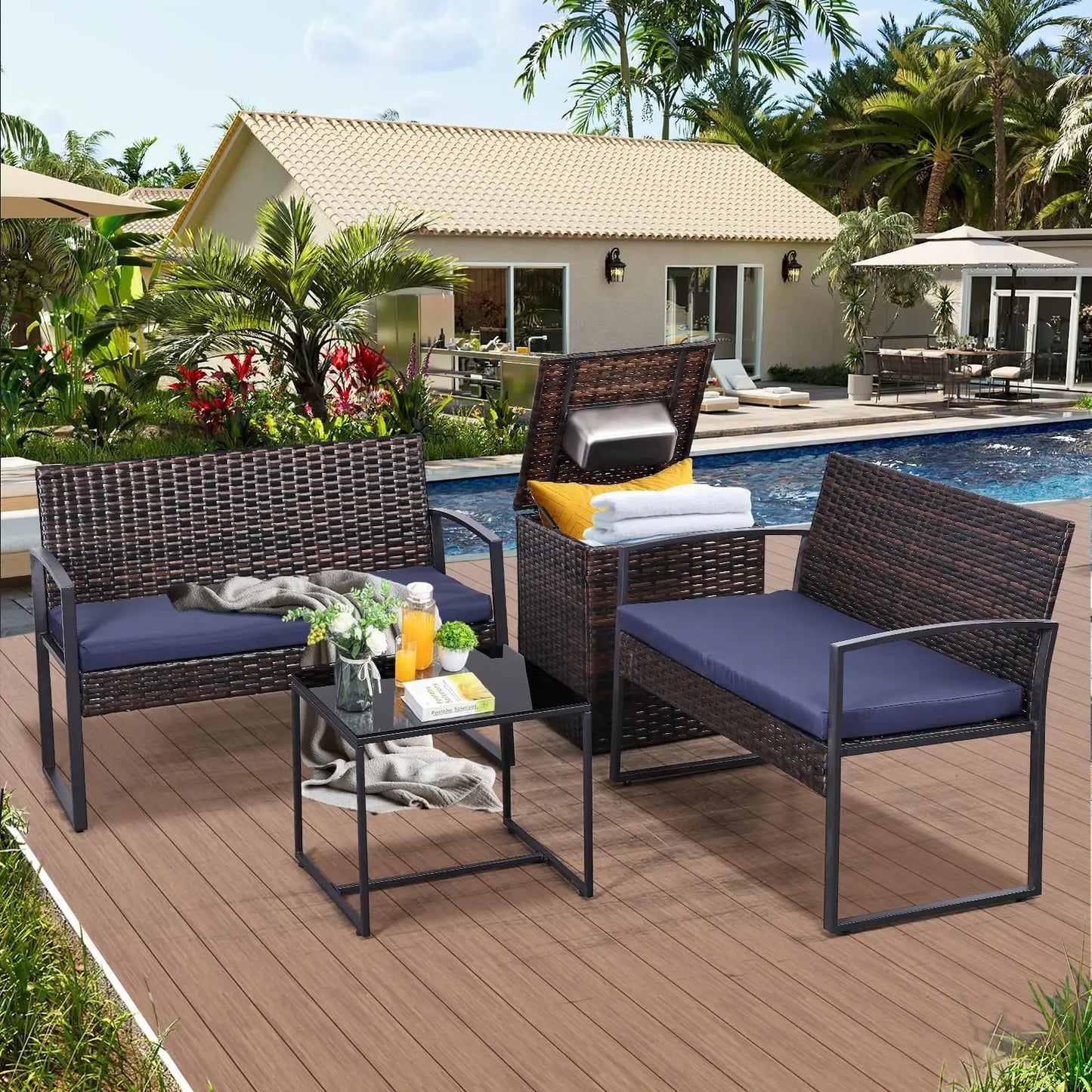 Outdoor Patio Furniture Set w/Built-in Beverage Cooler Storage Box & Coffee Table for Outside for Balcony